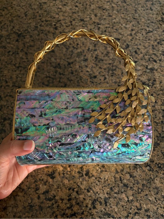 Handbags - Iridescent Abalone Evening Clutch with Gold Leaf Handle